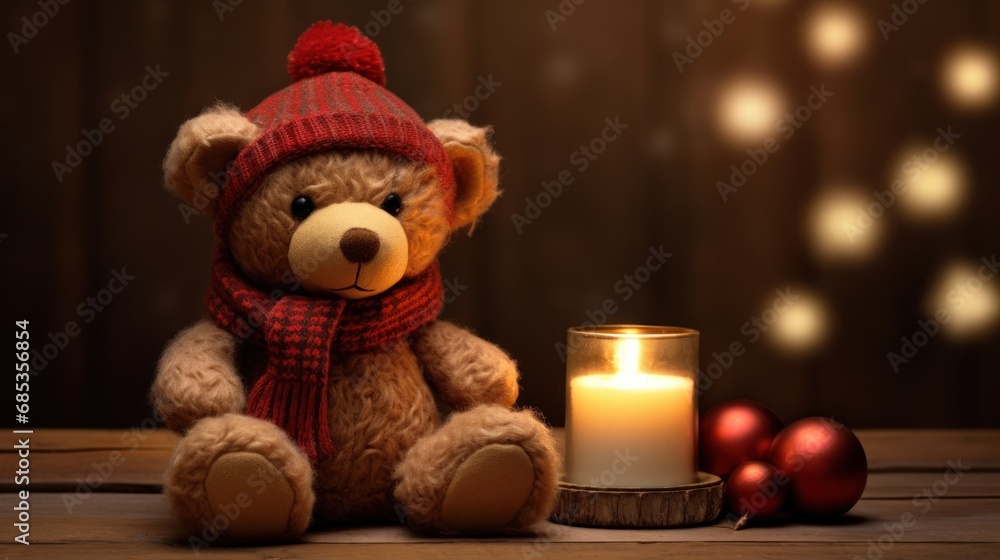 a teddy bear sitting next to a lit candle and a christmas ornament on a wooden table with lights in the background. a teddy bear sitting next to a lit candle and a christmas ornament on a wooden table with lights in the background.