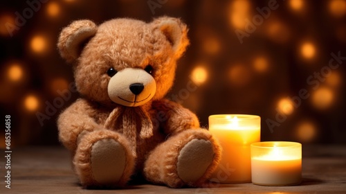  a teddy bear sitting next to a lit candle in front of a blurry background of boke of lights. © Olga