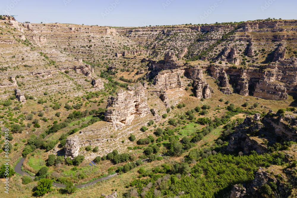 Aerial shot of Ulubey canyon in Turkey in sunny day