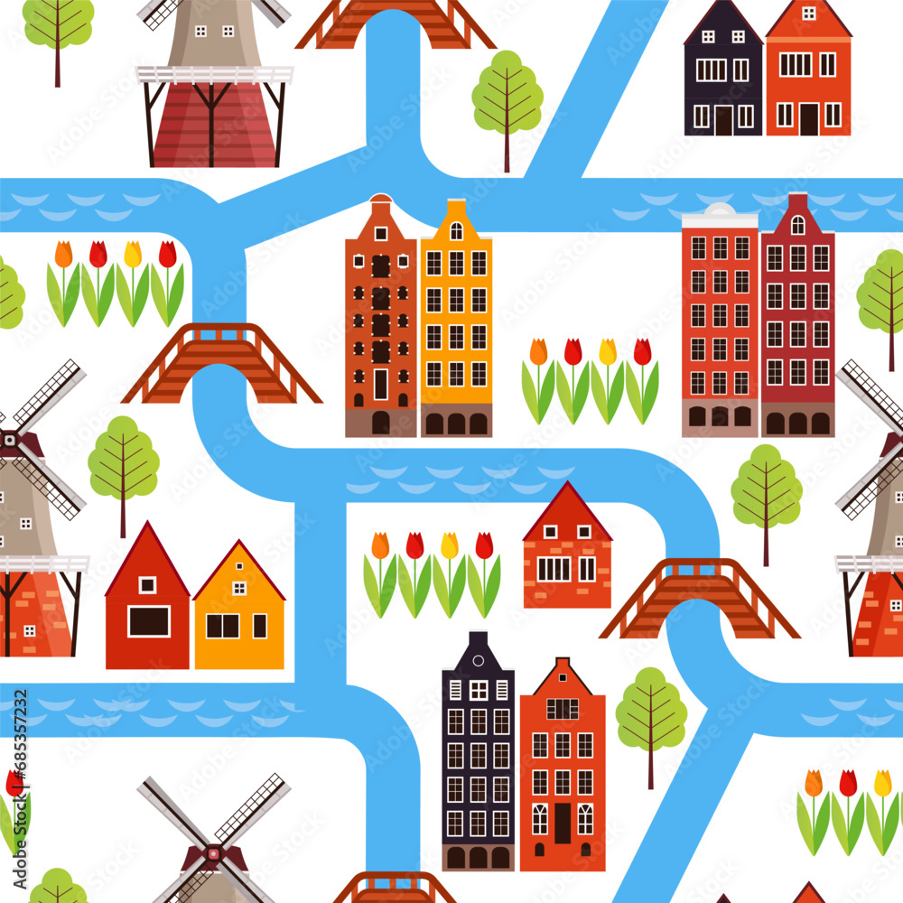 Netherlands or Holland houses, mills seamless pattern traveling. Dutch city with houses, mills and canals, seamless background. 