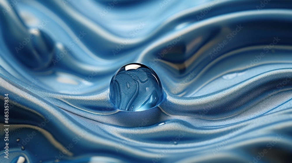  a drop of water sitting on top of a blue liquid filled with blue and white swirls on top of a black surface.