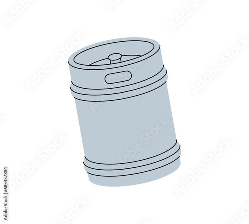 Metal beer keg. Beer pub product. Brewing process, brewery factory production element. Vector illustration.