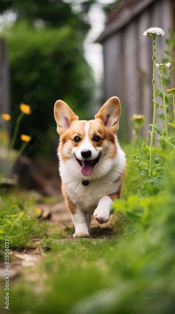 Welsh Corgi Pembroke is running in the garden. Welsh Corgi Pembroke is running in the garden.
