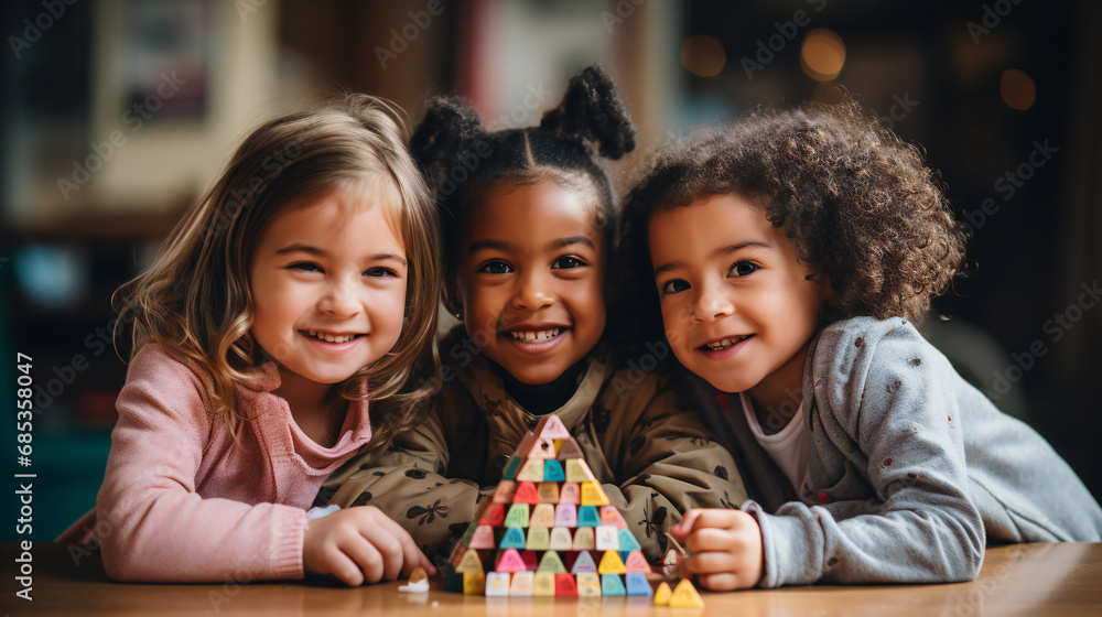 Three children of different skin colors draw together Three children of different skin colors draw together
