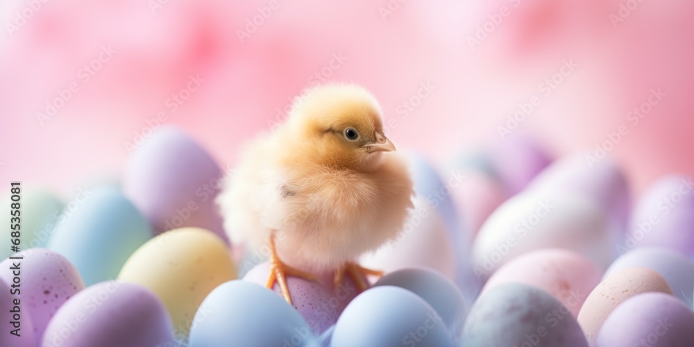 A little yellow chick on pastel colored Easter eggs A little yellow chick on pastel colored Easter eggs
