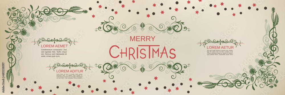 Obraz premium Merry Christmas and Happy New Year retro style vector banner template. Old paper background with winter style elements