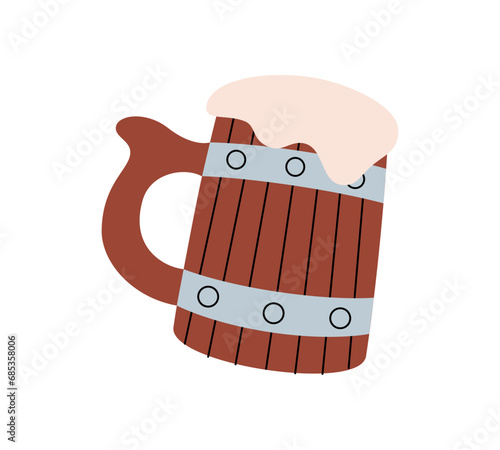 Beer wooden mug. Beer pub product. Brewing process, brewery factory production element. Vector illustration.