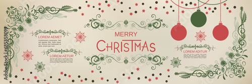 Merry Christmas and Happy New Year retro style vector banner template. Old paper background with winter style elements