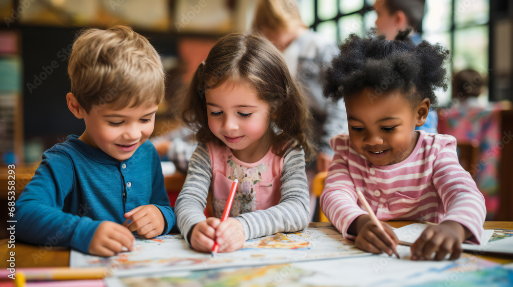 Three children of different skin colors draw together Three children of different skin colors draw together