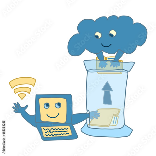 A laptop uploading a file to the cloud, while being connected to wireless internet. Vector drawing. 