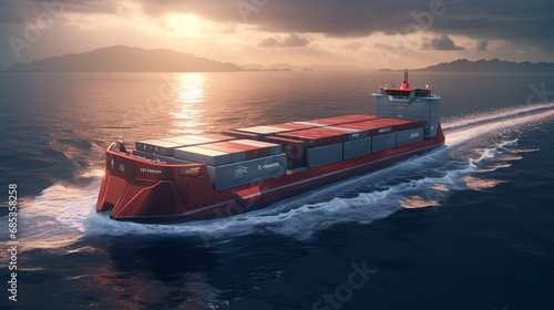 An autonomous cargo ship navigating the open sea, transporting goods globally.