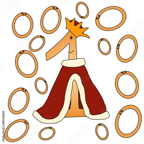 Number one in a crown and royal red cloak being admired by zeroes. Concept of success. Vector drawing. 