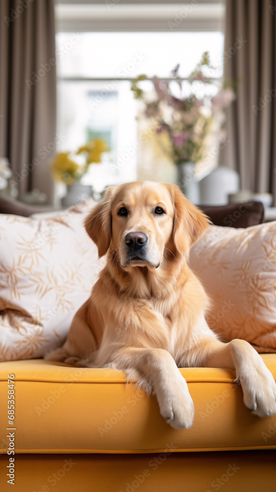 Cute Golden Retriever dog on sofa in living room at home Cute Golden Retriever dog on sofa in living room at home