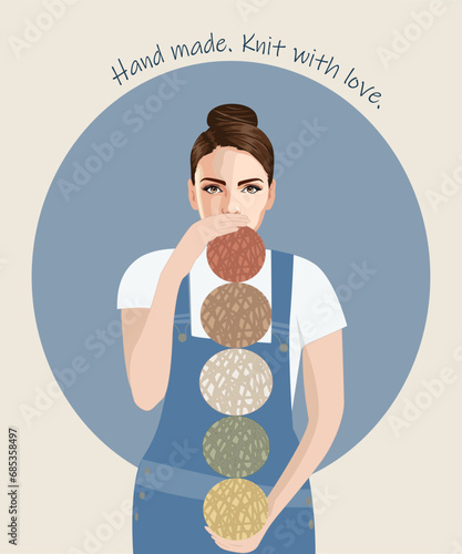  Hands with knitting needles knit a woolen product. Vector illustration isolated on white background for home craft stores and postcard design. Hobbies for relaxation. Creating cozy things.