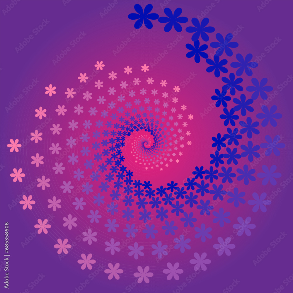 Vector spiral in the form of flowers arranged in a circle on a purple and blue background Vector spiral in the form of flowers arranged in a circle on a purple and blue background