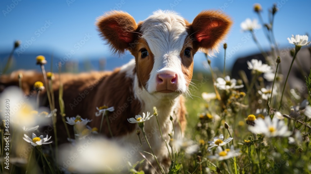 A brown and white cow standing in a field of flowers. A brown and white cow standing in a field of flowers.