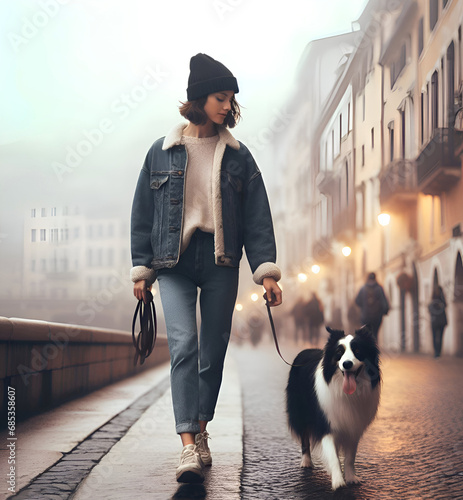 Young pretty woman wearing knitted cap, with her border collie dog, walking on misty street in cold weather, in time of beginning dusk. AI generated.