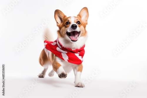 A small dog wearing a red and white scarf.