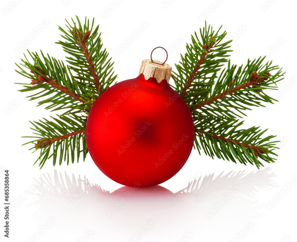 Christmas red bauble and fir tree branch isolated on white background