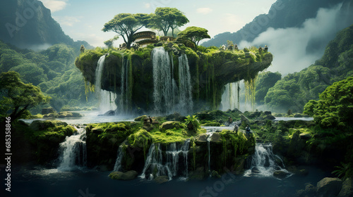 Waterfall on an Fantasy Island. Generative Ai