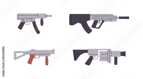 Military weapons. Various modern weapons. Tactical assault rifles, smoothbore guns, anti-tank grenade launchers. Vector illustration.