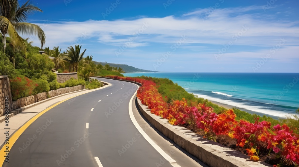 Well-maintained road lined with vibrant tropical flowers in full bloom. Burst of pink, purple, and yellow colors under the golden hour sunlight. Serene and picturesque coastal paradise