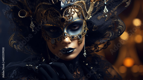 the Carnival of Venice. girl in a black spectacular mask, close-up. the Venetian masquerade.