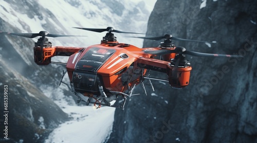 An autonomous rescue drone saving lives during a daring mountain rescue mission.