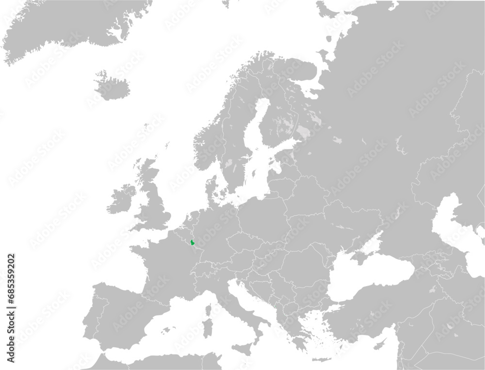 Obraz premium Green CMYK national map of LUXEMBOURG inside detailed gray blank political map of European continent with lakes on transparent background using Mercator projection