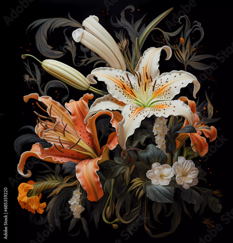 natural bouquet of lilies and flowers. Botanical background
 (ID: 685359220)