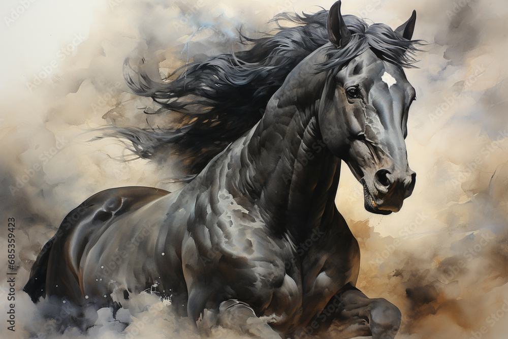 Immerse yourself in the beauty of a majestic black horse captured in a stunning watercolor painting illustration. Experience the grace and power in every stroke. Ai generated Immerse yourself in the beauty of a majestic black horse captured in a stunning watercolor painting illustration. Experience the grace and power in every stroke. Ai generated