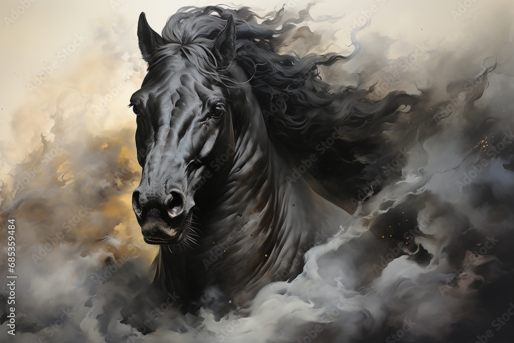Obraz premium Immerse yourself in the beauty of a majestic black horse captured in a stunning watercolor painting illustration. Experience the grace and power in every stroke. Ai generated