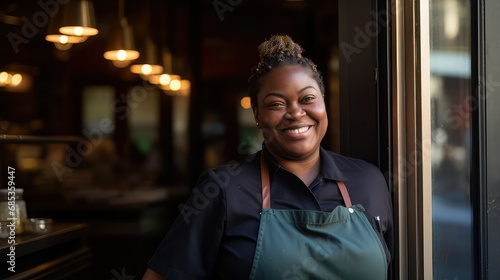 Smiling black female chef in her restaurant. Empowered black woman owning a business. Her hair is tied up and she wears a black shirt and a green apron. Image generated with AI.