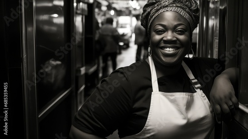 Smiling black female chef chef in the kitchen of her restaurant. Empowered black woman owning a business. She wears a printed hat, a black chef's shirt and a white apron. Image generated with AI.