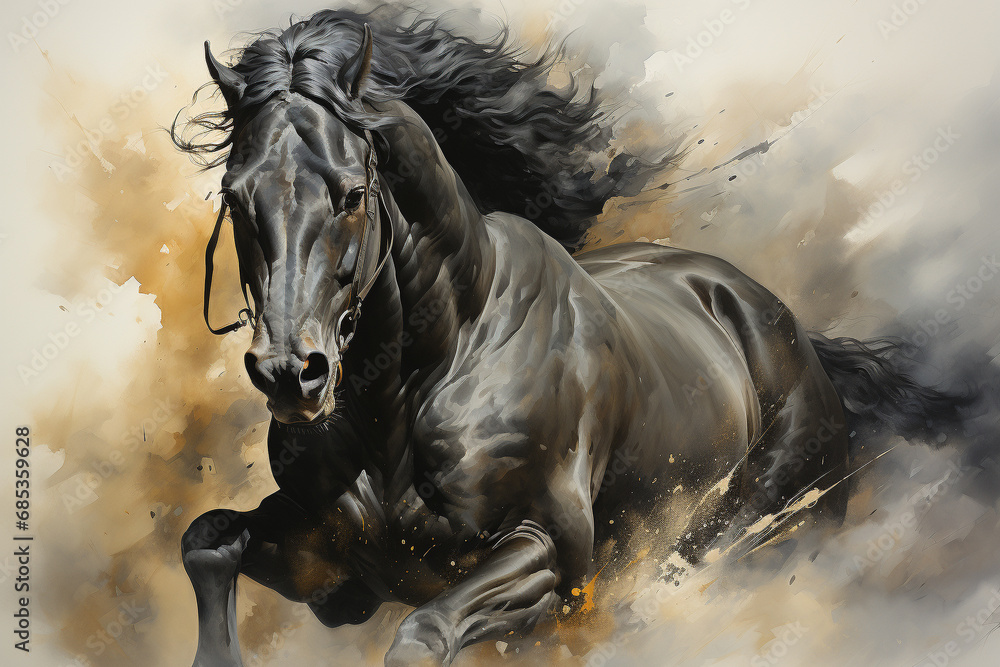 Obraz premium Immerse yourself in the beauty of a majestic black horse captured in a stunning watercolor painting illustration. Experience the grace and power in every stroke. Ai generated