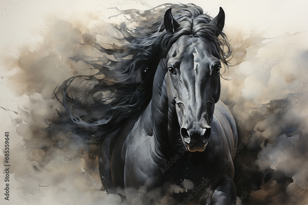 Immerse yourself in the beauty of a majestic black horse captured in a stunning watercolor painting illustration. Experience the grace and power in every stroke. Ai generated Immerse yourself in the beauty of a majestic black horse captured in a stunning watercolor painting illustration. Experience the grace and power in every stroke. Ai generated