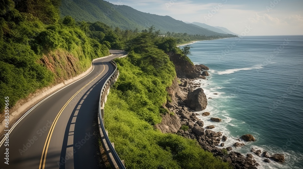 Coastal road. Sandy beach, turquoise waves, palm trees, and rocky cliffs. Lush green vegetation, warm light, and a serene atmosphere. A tropical paradise Coastal road. Sandy beach, turquoise waves, palm trees, and rocky cliffs. Lush green vegetation, warm light, and a serene atmosphere. A tropical paradise