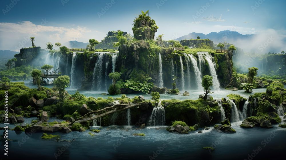 Fototapeta premium Waterfall on an Fantasy Island. Generative Ai