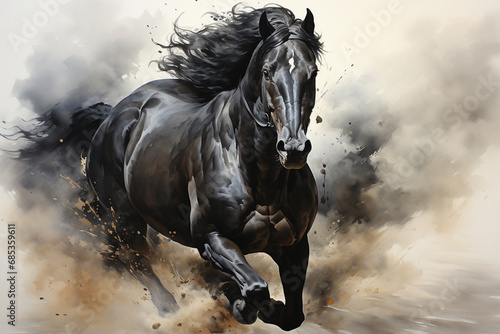Immerse yourself in the beauty of a majestic black horse captured in a stunning watercolor painting illustration. Experience the grace and power in every stroke. Ai generated