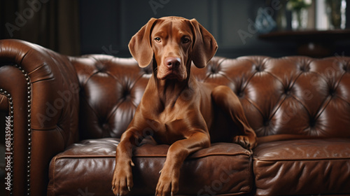 Adorable Vizsla Retriever puppy sitting on leather sofa at home