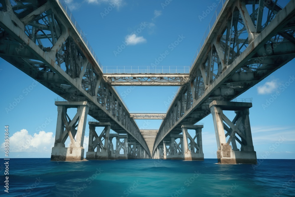A stunning stock photo of an old railroad bridge over the vast ocean. The hyper-realistic image captures the architectural beauty and symmetry, showcasing the grandeur and scale of the structure