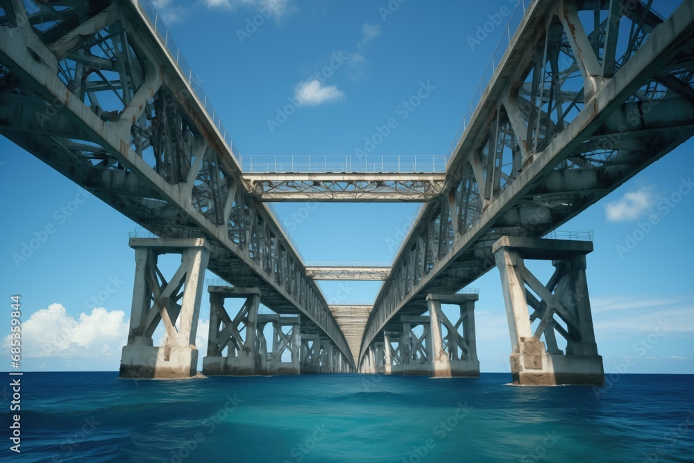 A stunning stock photo of an old railroad bridge over the vast ocean. The hyper-realistic image captures the architectural beauty and symmetry, showcasing the grandeur and scale of the structure A stunning stock photo of an old railroad bridge over the vast ocean. The hyper-realistic image captures the architectural beauty and symmetry, showcasing the grandeur and scale of the structure