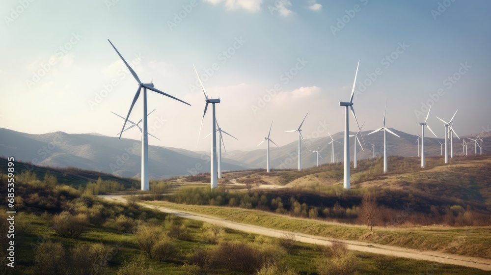 Wind turbines or windmill stand tall in a vast field, harnessing renewable energy from the breeze. The landscape harmonizes with sustainable technology, exemplifying eco-friendly power generation.