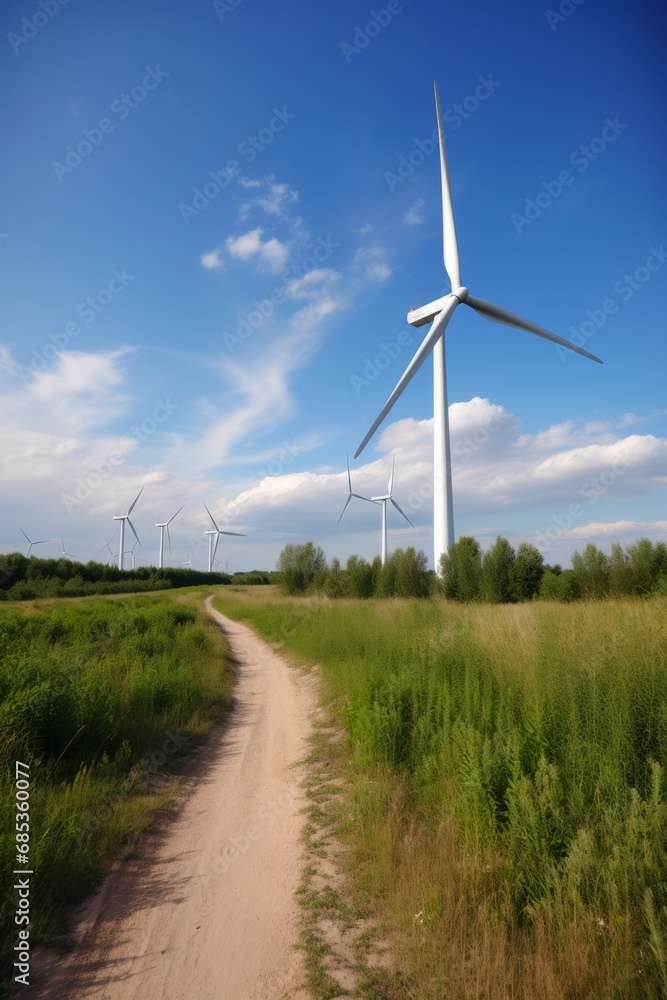 Wind turbines or windmill stand tall in a vast field, harnessing renewable energy from the breeze. The landscape harmonizes with sustainable technology, exemplifying eco-friendly power generation.