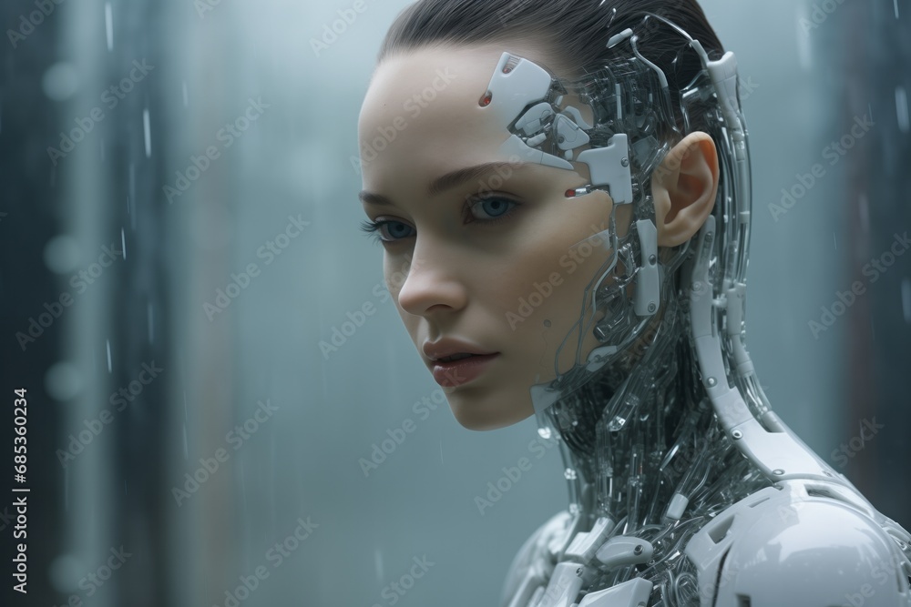 3D rendering of a female robot in a futuristic space station. 3D rendering of a female robot in a futuristic space station.