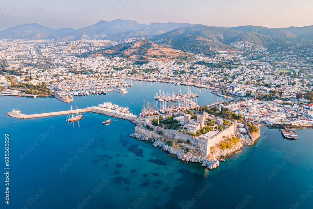 Aerial view of Bodrum ancient castle in resort town of Bodrum in Turkey - obrazy, fototapety, plakaty 