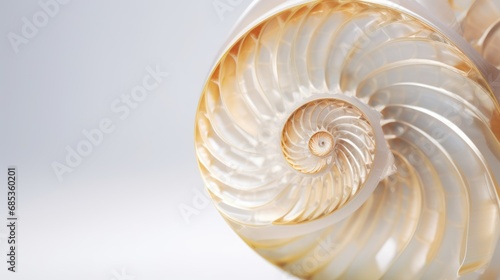  a close up of a white and gold object with a large spiral design on it's side and a white background.