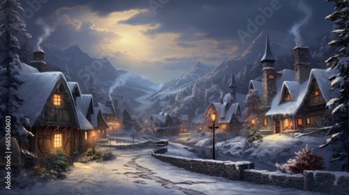  a painting of a snowy village at night with a full moon in the sky and a street light in the foreground. photo