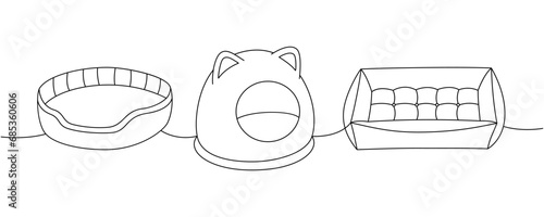 Pet supplies. Pet bed, cushion pillow sleep, dog house, cat bed continuous one line illustration. Vector linear illustration.