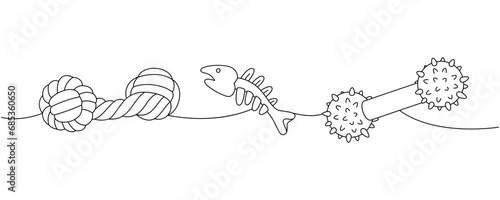 Pet supplies set. Dog chew toy, fish bone skeleton, dog tug continuous one line illustration. Vector linear illustration.